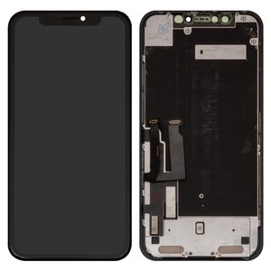 Дисплей для iPhone XR, черный, с рамкой, Оригинал переклеено стекло , с пластиками камеры и датчика приближения, Toshiba Sharp version