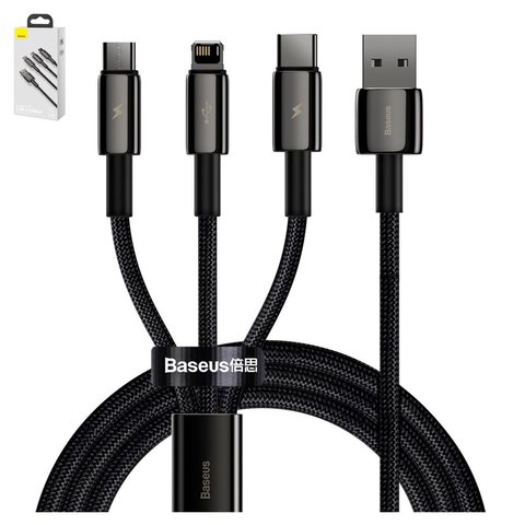 USB кабель Baseus Tungsten Gold, USB тип C, USB тип A, micro USB тип B, Lightning, 150 см, 3,5 А, черный, #CAMLTWJ 01