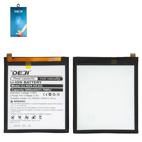 Batería Deji HE342 puede usarse con Nokia 5.1 Plus, 6.1 Plus, 7.1, X6, Li ion, 3.85 V, 3060 mAh