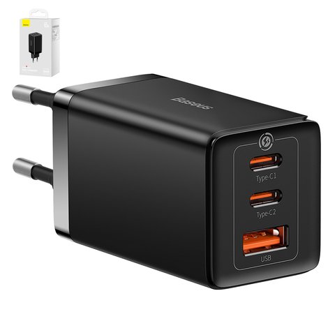 Adaptador de red Baseus GaN5 Pro, 65 W, Quick Charge, negro, con cable USB tipo C USB tipo C, 3 puertos, #CCGP120201