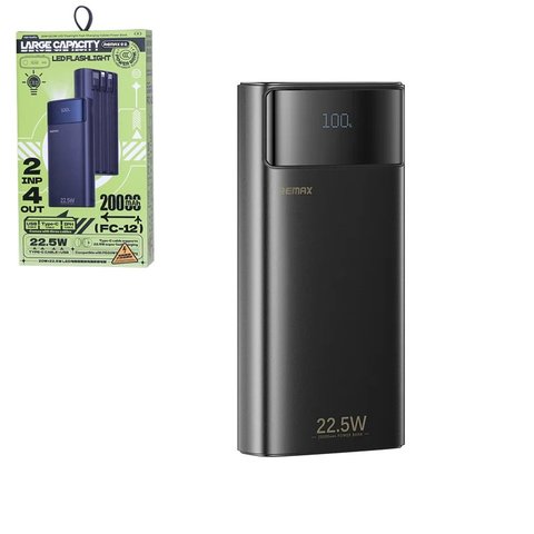Power bank Remax FC 12, 20000 мАч, 22,5 Вт, черный, Quick Charge, Power Delivery PD , #6954851253341