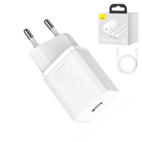 Мережевий зарядний пристрій Baseus Super Si, Quick Charge, 220 В, біле, USB тип C, з кабелем USB тип C до Lightning для Apple, 20 Вт, #TZCCSUP B02